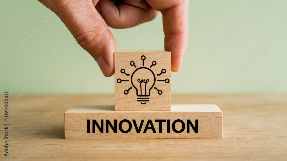 Poster close up of hands holding a wooden block with the word innovation and a lightbulb icon symbolizing t