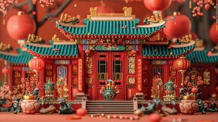 Fototapeta premium A vibrant traditional Chinese building adorned with lanterns and decorations for a festive celebration.