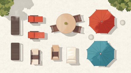 Top view of patio furniture icons, including table, chairs, and umbrella, on a light background for outdoor design