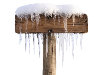 a wooden sign with icicles on top