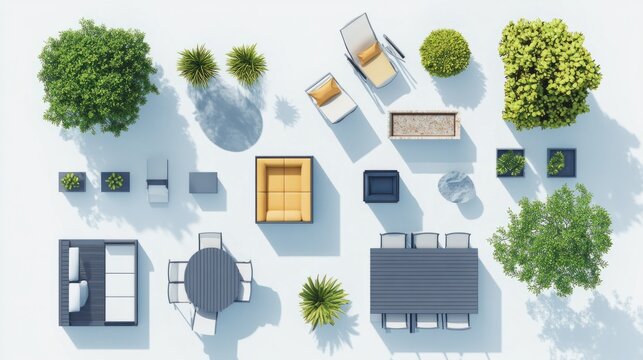 Top view of patio layout icons with chairs, plants, and tables, giving a modern outdoor look