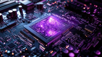 Fototapeta premium Microprocessor Glowing in Purple Light Surrounded by Detailed Motherboard Components and Circuitry