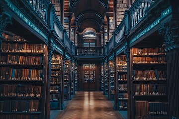 Rows of books on shelves in a library Developing space Al generated,