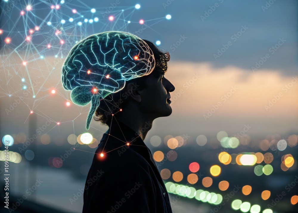 Poster futuristic brain merging technology and humanity with neural networks and bokeh effect