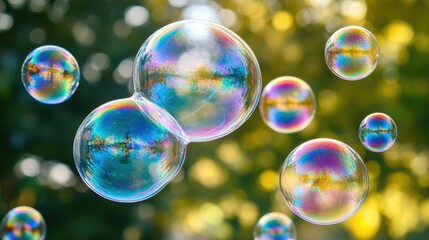 Naklejka premium Bubbles Reflecting Nature's Colors in a Bright Green Background Showcasing the Essence of Clean Hydrogen Production and Renewable Energy