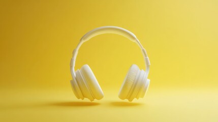 White headphones prominently displayed against a vibrant yellow backdrop, emphasizing a sleek and minimalistic design.