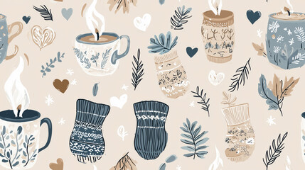 A pattern of cups and mugs with leaves and hearts
