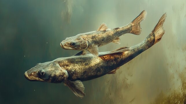 Mother snakehead murrel fish swimming near the surface with her offspring, captured in an overhead shot as they breathe in the water.