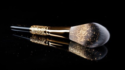 Luxurious makeup brush embellished with shimmering gold sparkles, positioned on a sleek dark reflective surface for a sophisticated look.