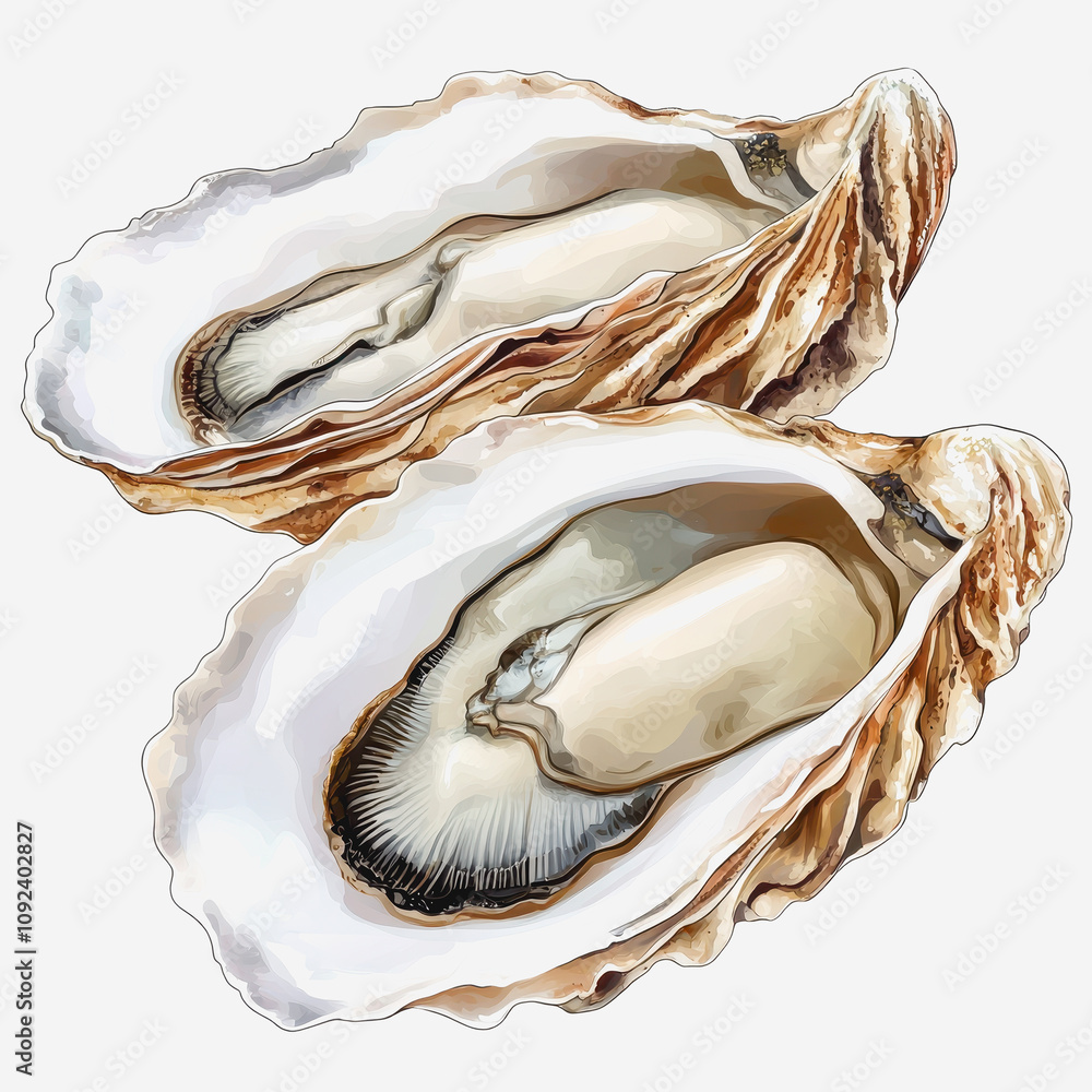 Poster detailed illustration of opened oysters on a light background showcasing the unique shape and textur
