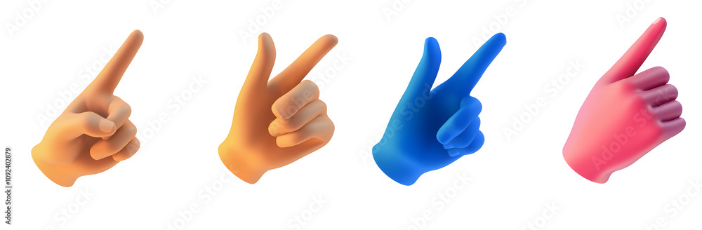 Poster set of 3d realistic icon of hand which touch surface or screen, click the button or points to someth