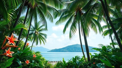 Fototapeta premium A lush green forest scene on a tropical island with tall palm trees and exotic flowers, tropical, scenery, green