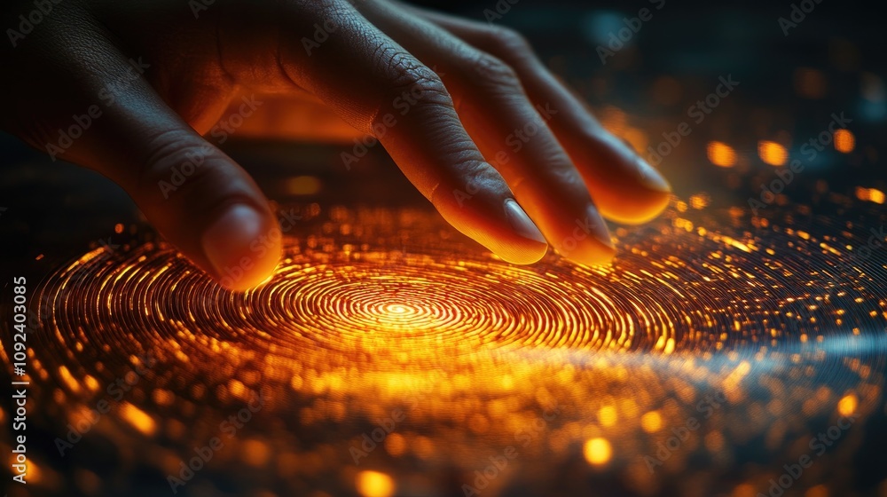Poster digital fingerprint interface glowing with intricate patterns as a hand interacts, highlighting tech
