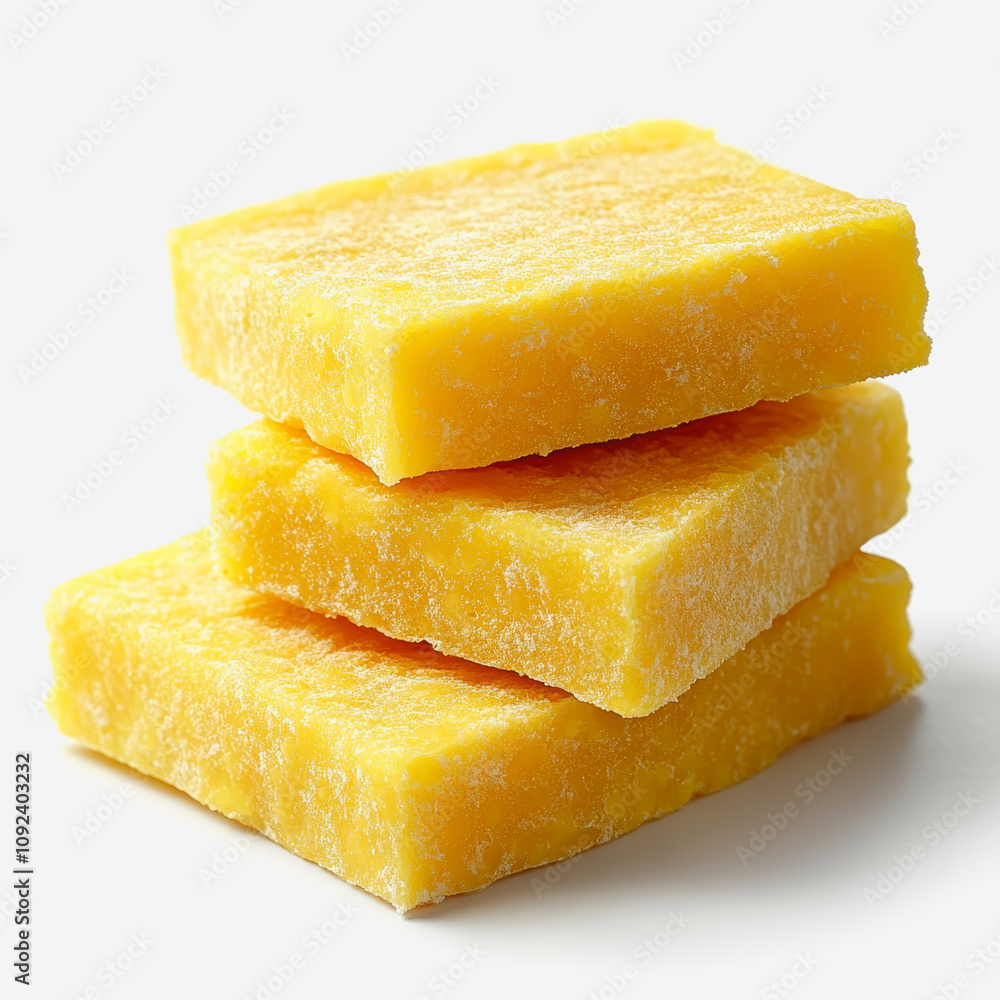 Poster bright yellow layered bars of solidified wax or soap on a clean surface with soft shadows and a mini