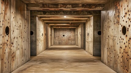Fototapeta premium Rustic shooting range corridor with textured walls marked by bullet holes, enhanced by dramatic lighting and a gritty atmosphere.