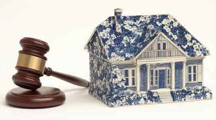 Gavel and decorative model house symbolizing the concept of real estate arbitration and legal dispute resolution.