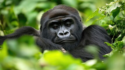 Obraz premium Majestic Gorilla Resting Among Lush Green Foliage Showcasing Strength and Serene Wisdom in a Vibrant Jungle Environment