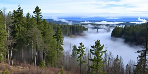 Obraz premium A misty forest with a serene lake in the background and a blue sky above, forest landscape, blue sky, reflection