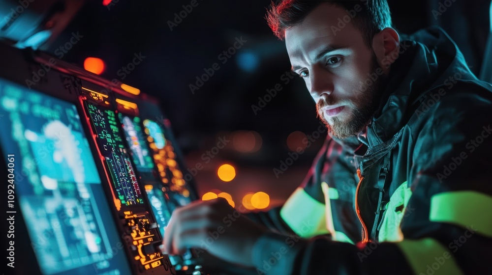 Poster an aviation technician performing a detailed cockpit inspection, focusing on safety protocols and fu