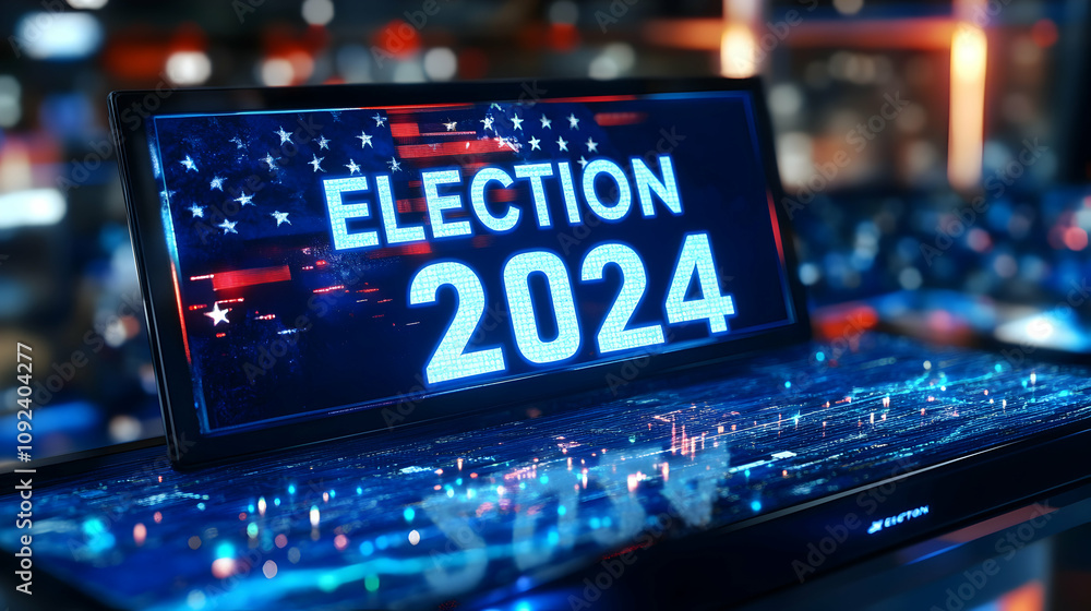 Poster digital display shows election 2024 with futuristic abstract background