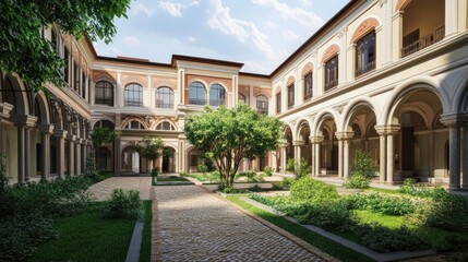 Grand courtyard of a historic academic institution featuring lush greenery, elegant arches, and a cobblestone pathway under a bright sky.