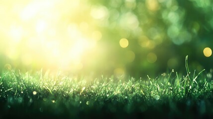 Obraz premium Lush green grass with sunlight filtering through creates a serene blurred background, perfect for scenic framing and ample copy space.