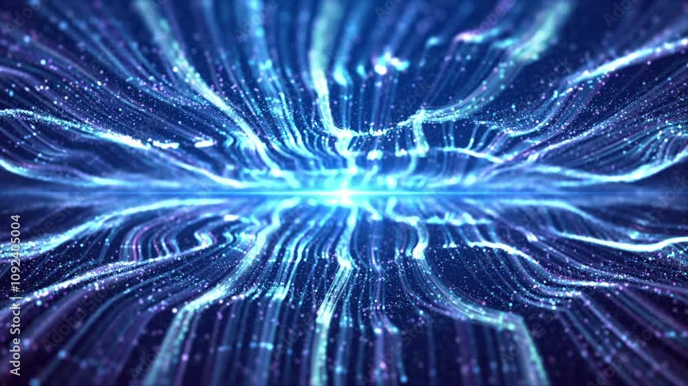 Wall mural blue particle light flows, with lines constantly undulating and fluctuating, and elegant particle st