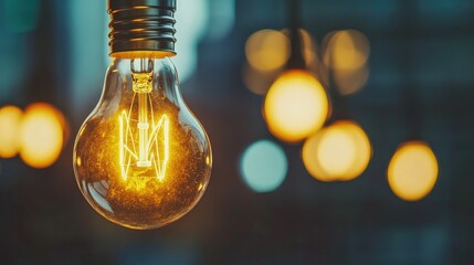 Illuminated Vintage Light Bulb with Warm Glow Showcasing Innovative Ideas and Creative Development in a Modern Workspace Setting