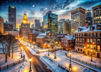 Fototapeta premium Enchanted Winter Nights in Boston: Capturing the Magic of Snow-Covered Streets and Glowing City Lights through Long Exposure Photography Techniques