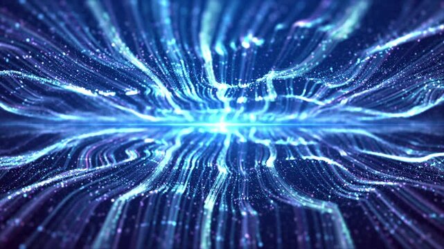 Blue particle light flows, with lines constantly undulating and fluctuating, and elegant particle stripes flowing forward. Abstract color neon lines flowing background.