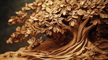 Intricately carved wooden tree with detailed leaves, showcasing textured terrain and lifelike roots, exuding a warm, natural aesthetic.