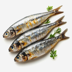 Freshly Caught Fish Displayed on White Background with Green Herbs, Highlighting Seafood Quality and Freshness for Culinary Inspiration and Recipes