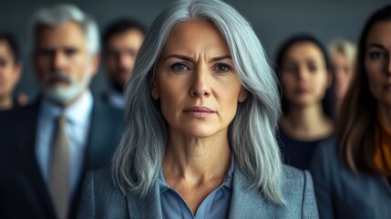 Fototapeta premium Portrait of a confident middle-aged woman with grey hair, standing front and center among colleagues in a corporate setting, exuding leadership and professionalism.