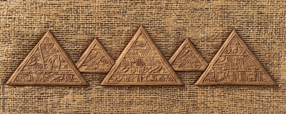 Poster ancient triangle artifacts with engravings on a textured background.