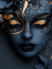 A woman's face is painted with gold and blue colors