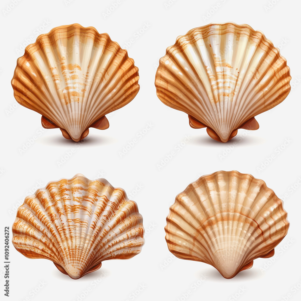 Poster four beautiful scallop shells displaying unique patterns and textures, perfect for beach decor or ma