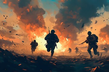 Soldiers running across the battlefield. Explosions in the background