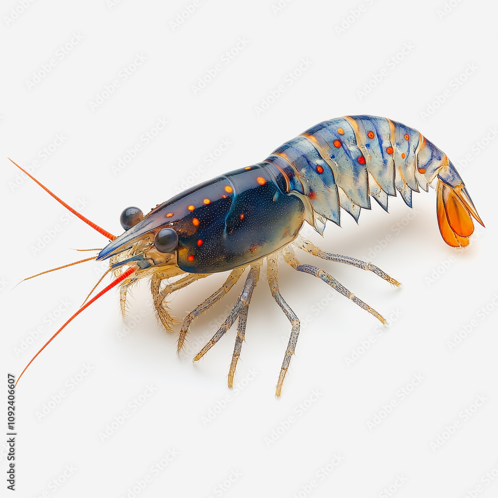 Poster colorful shrimp with vibrant details captured on a white background showcasing marine life, emphasiz