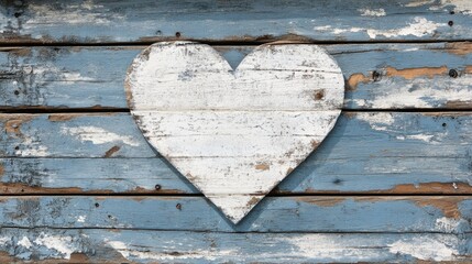 Obraz premium Weathered blue wooden planks featuring a large white heart evoke a charming rustic atmosphere with a shabby chic aesthetic.