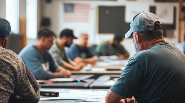 Army veterans attending a vocational training course, working on hands-on projects to prepare for civilian careers, showcasing veteran job training programs