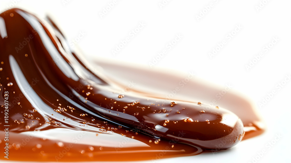 Poster close-up of melted chocolate flowing, creating abstract patterns on white background