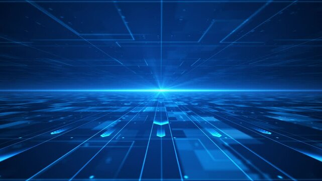 A blue high-tech background grid with glowing arrows running to a horizon line of glowing dots. Used for business activities and slide presentations of technology enterprises.