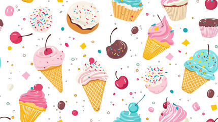 A colorful pattern of ice cream and cupcakes with cherries on top