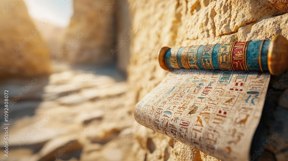 Poster ancient scroll with hieroglyphics, illuminated by soft sunlight.