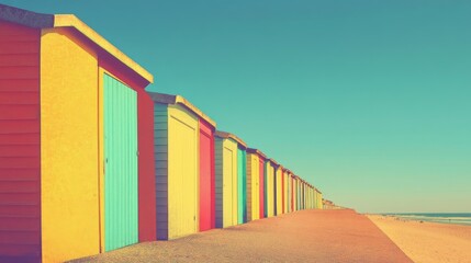 Colorful beach huts arranged neatly along a sunlit shoreline with gentle waves, framed by a bright blue sky in a retro-style photograph.