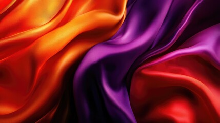 Obraz premium Vibrant abstract silk fabric showcasing rich orange, red, and purple hues, emphasizing luxurious texture and graceful fluidity.