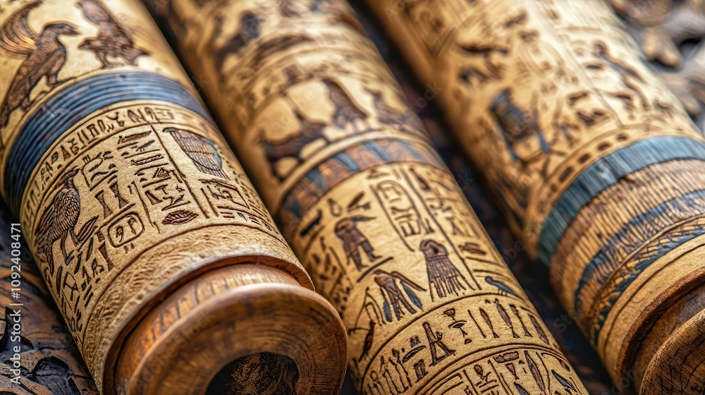 Poster close-up of ancient wooden scrolls with intricate hieroglyphs and carvings.