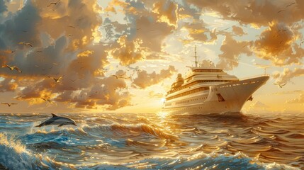 Fototapeta premium Luxury cruise ship sailing at sunset, dolphins and seagulls.