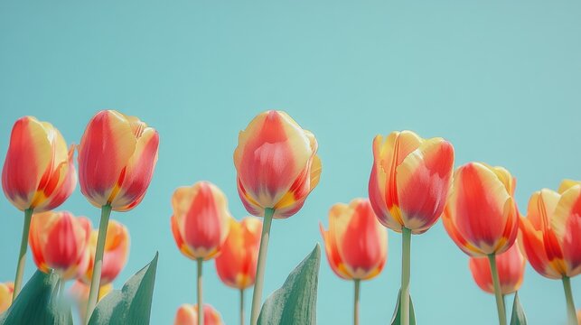 Vibrant red and yellow tulip flowers swaying against a soft light blue backdrop with ample negative space for text or creative design elements