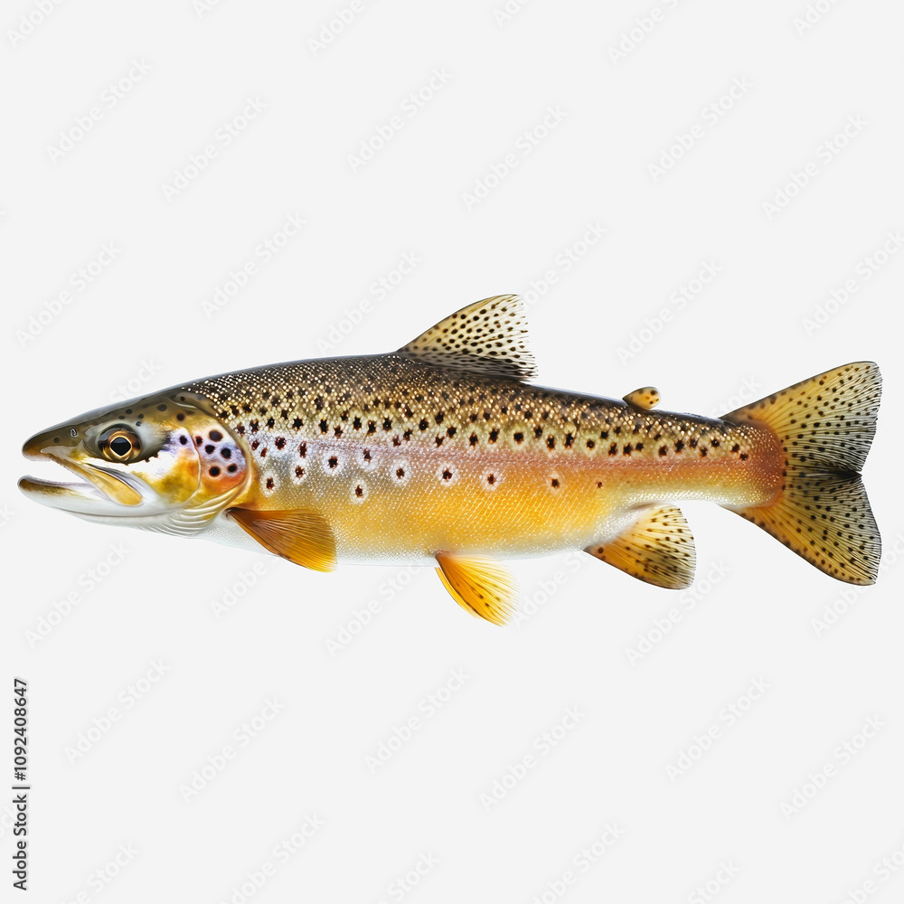Poster detailed close-up of a brown trout fish with distinctive spotting and coloration in a studio setting